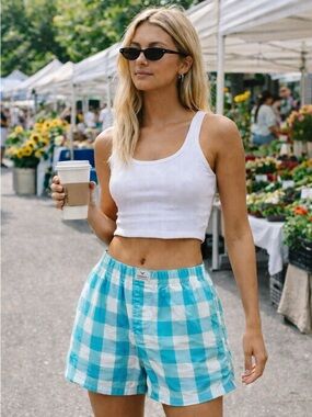 AE Gingham Boxer Shorts Aqua Blue Check Cotton Relaxed Fit Cozy Minimal Unisex M